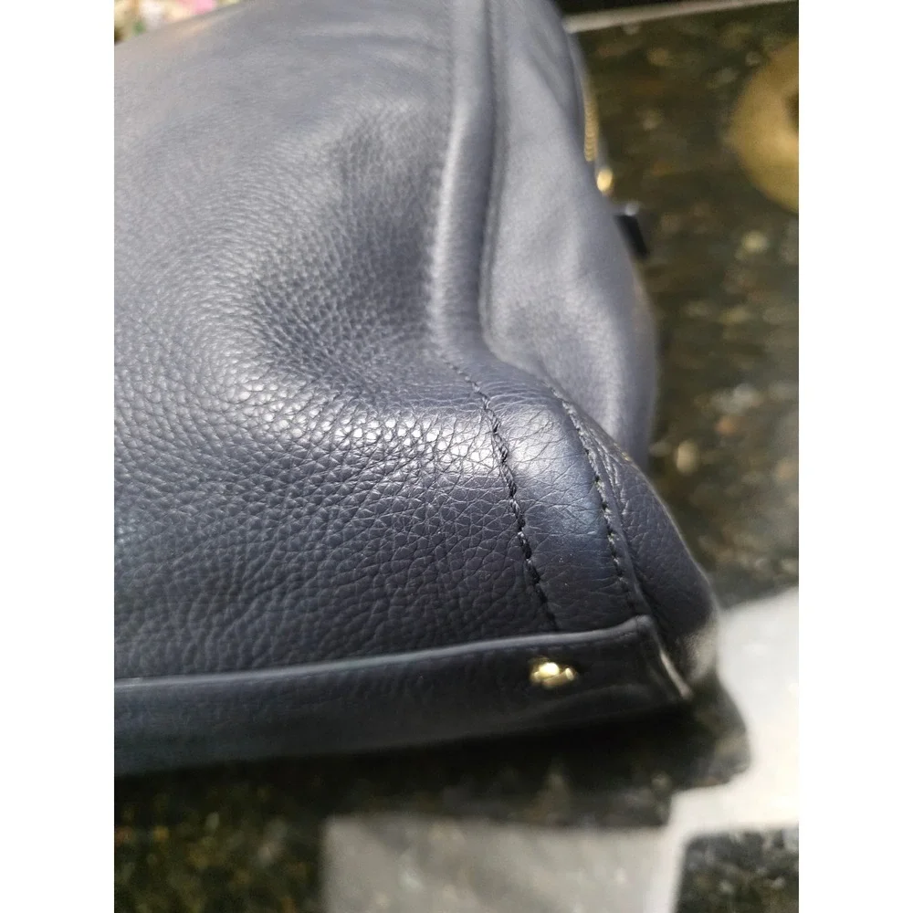 Tory Burch Link-Chain Shoulder Tote Bag Navy Blue Pebbled Leather Gold Large